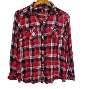 Torrid Red Black Plaid Flannel Long Sleeve Button Shirt Sz 1